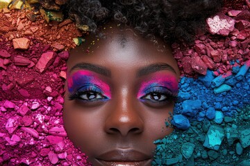 Wall Mural - A woman's face is covered in colorful makeup, with a blue and pink eye shadow