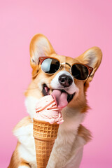 Cute corgi dog in sunglasses eats ice cream on pastel pink background with copy space banner for summer vacation, travel and advertising concept