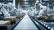 Photograph of an automated packaging line in a manufacturing plant with AI-driven robotic arms sorting and packing products. Conveyor belts moving packages
