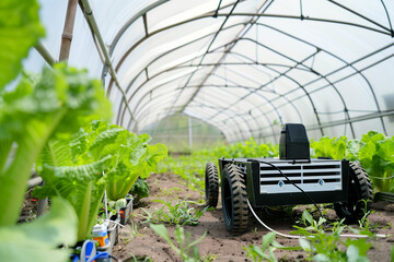 Autonomous small robot in greenhouse field with lettuce plants. New agriculture technologies