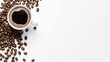Set of paper take away cups of different black coffee isolated on white background, top view. Coffee cup and beans. Overhead view of backdrop representing halves dark brown coffee beans pleasant scent
