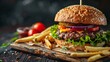 fresh tasty burger and french fries, copy space. A delicious dinner plate with pulled pork sandwiches and fries, a juicy burger with fresh vegetables, for a satisfying meaty meal