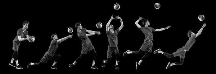 Wall Mural - Collage in monochrome filter. Progression of basketball player shooting ball, depicted in multiple exposure against black background. Concept of professional sport, championship, match, tournament. Ad