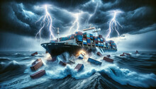 Cargo Ship In A Powerful Ocean Storm - A Highly Detailed Image Of A Cargo Ship Braving A Massive Storm With Lightning And Waves, Evoking A Sense Of Danger