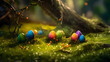 Evoking the magic of Easter through a surreal image of hidden eggs scattered among emerald foliage, gleaming under the daylight's glow, creating an atmosphere of enchantment and happiness.