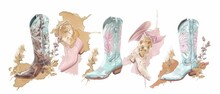 A Collection Of Retro Cowboy Square Cards With Pink Cowgirl Boots, Hats, Star Patterns, Lettering Quotes. 1960's Vintage Preppy Set. Cowboy Western And Wild West Themes. Hand Drawn Contour Modern
