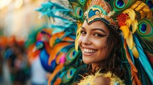 Happy Young Woman In Carnival Peacock Costume Celebration With Passion In The Parade, Close Up Of Beautiful Girl In Colorful Feather Costume Concept Of Celebrating Carnival  Party.  Hold A Colorful 