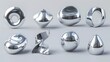 3D render modern illustration of chrome 3D objects set for y2k. Trendy metallic elements. Silver glossy abstract shape.
