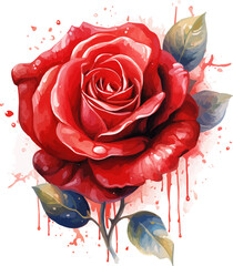 Sticker - Red rose with love shape drawn digital painting watercolor.