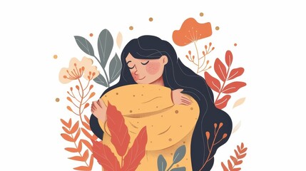 Psychological concept of self-love. Happy girl embracing her own body and caring about it. Proud man cuddling with friend. Ego, respect, acceptance. Flat graphic modern illustration isolated on