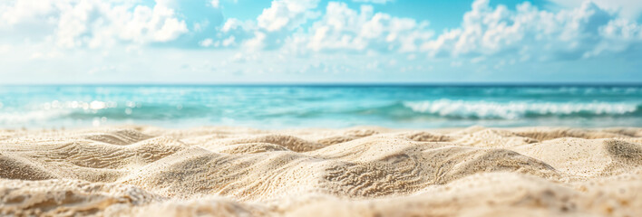 Sandy beach with sea view and sky background, summer tropical holiday landscape, sand and ocean banner hd