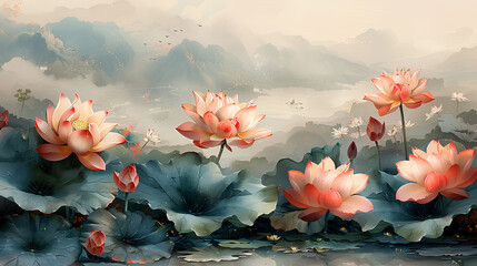 Wall Mural - lotus flower landscape background in watercolor style