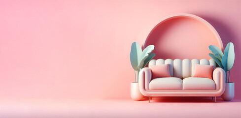 Sofa, pastel colors, isolated on a Pink background, Modern stylish sofa, Furniture, interior object, Banner, Copy space