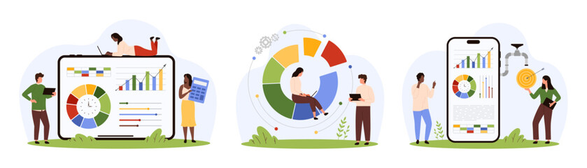 Analysis of financial data, business reports and statistic charts in dashboard of mobile app set. Tiny people work with application interface on phone and tablet screen cartoon vector illustration