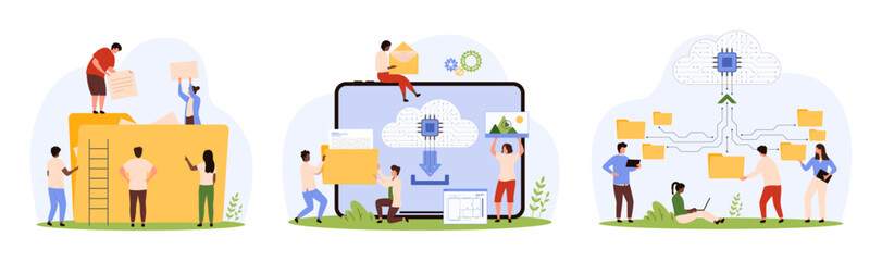 Wall Mural - online data storage set. tiny people organize information with folders and archives, upload digital 