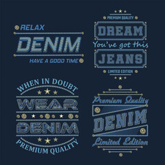 Wall Mural - Denim style text labels with typography, textured letters, jeans buttons, stitches. Detailed composition in vintage style on black background. For clothing, t shirt, surface design.