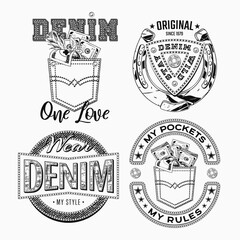 Wall Mural - Denim style labels with text, jeans back pocket, money, horseshoe. Detailed monochrome composition in vintage style on white background. For clothing, t shirt, surface design.