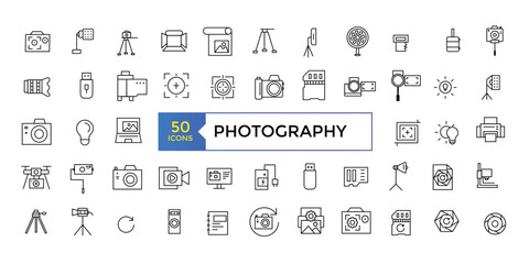 Photographer, photography, types of Photography - thin line web icon set. Outline photo icons. Photography studio light, film cameras and camera on tripod line.