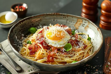 Wall Mural - A bowl filled with spaghetti topped with a fried egg, crispy bacon, and grated parmesan cheese