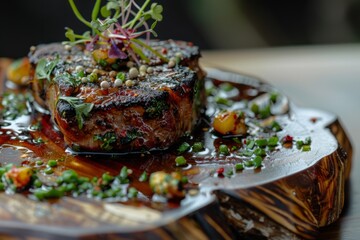 Wall Mural - A plate with grilled ribeye steak topped with aromatic herbs, accompanied by a variety of colorful vegetables