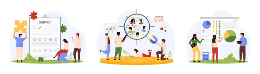 Survey and analysis of results, focus group of customers, sociology set. Tiny people research marketing information and study society statistics in chart, engage audience cartoon vector illustration