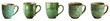 Green mugs set PNG. Set of green cups PNG.  Red rustic mug PNG. Cup for coffee or tea drinking isolated. Old rustic mug PNG