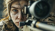 Portrait of a girl in a military uniform with a sniper rifle