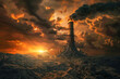 A dystopian scene showing a tall smoking chimney against a dark, ominous sky, evoking a sense of doom