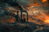Fototapeta  - A dystopian vision of industrial pollution, with smokestacks emitting plumes of smoke against a dramatic fiery sunset sky