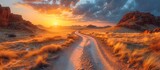 Fototapeta  - Winding road through desert landscape at sunset