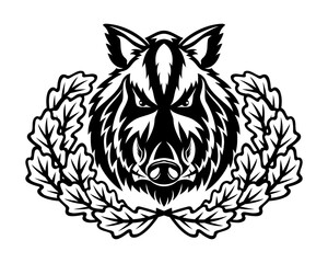 Poster - Wild boar and oak leaves icon on white background.