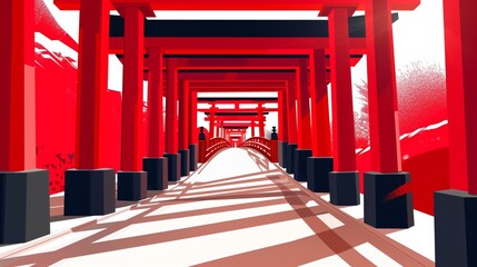 tranquil red torii gates amid white forest in Kyoto art piece