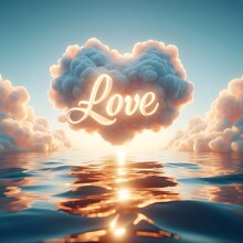 A Love Message Written Among White Heart Clouds Set On A Calm Seashore.