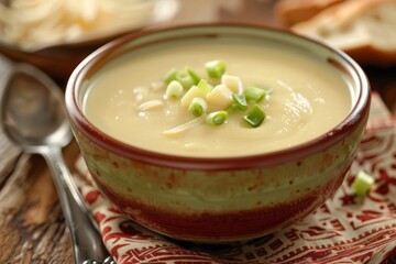 Wall Mural - Close-up view of a bowl of creamy cheese soup with a green onion garnish, placed on a wooden table