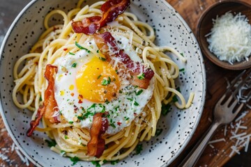 Poster - A plate of spaghetti topped with crispy bacon, runny eggs, and grated parmesan cheese, creating a mouthwatering and flavorful dish