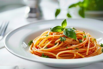 Wall Mural - A plate filled with spaghetti topped with fresh basil and parsley