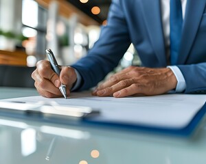 Wall Mural - Hands of an unrecognisable man in a suit signing some important documents. Concept: business