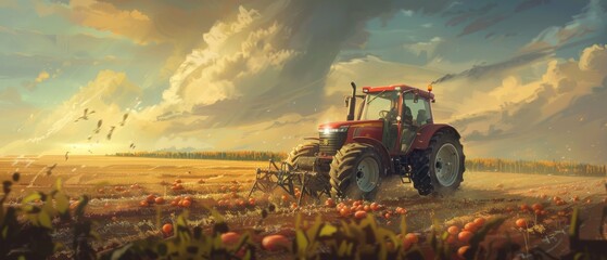 Poster - Prairie farmers planting potato crops with tractors.