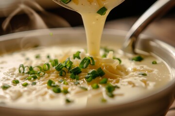 Poster - Side view of a ladle pouring soup into a bowl