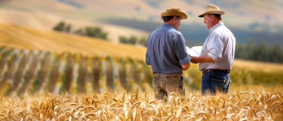 Poster - In the field, two farmers are inspecting wheat crops...