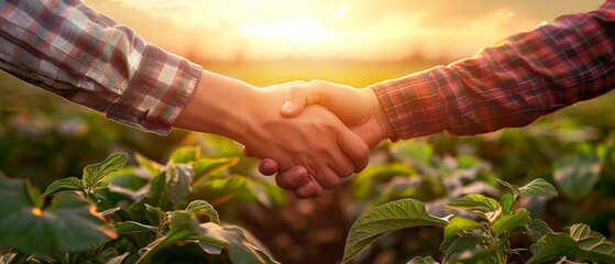 Canvas Print - Shaking hands between two farmers while sunset is approaching.