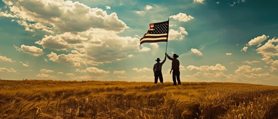 On a picturesque wheat field, two men raised the US flag energetically