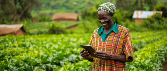 Canvas Print - An African farmer stands in a green field holding a tablet