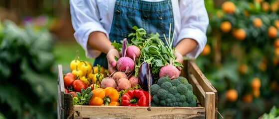 Sticker - A self-sustainable female chef on an organic farm places a variety of freshly picked produce in a crate after harvesting them.