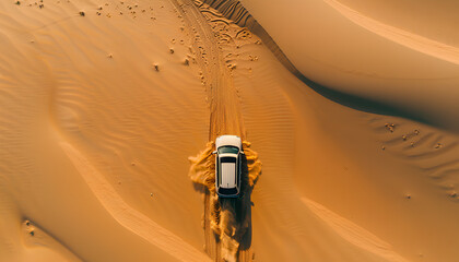 Poster - car moves through deep sand in the desert top view