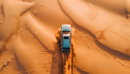 Poster - car moves through deep sand in the desert top view