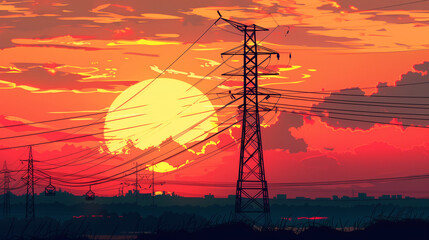 A high-voltage tower with many wires in the background of a sunset sky, in the style of anime, vector illustration, flat design, with high detail, high resolution, for a 2D game art, with red and yell