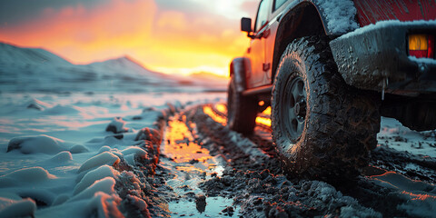 Wall Mural - wheel with a 4x4 SUV on dirty off-road vehicle in nature in mountains in winter