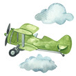 Watercolor military aircraft, air transport with clouds for boys' cards