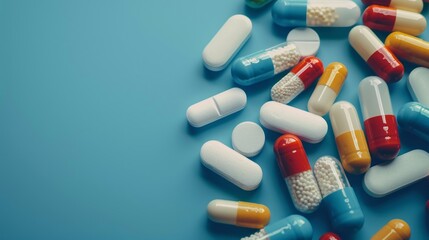 Various prescription pills and capsules neatly arranged on a blue surface, representing health care and medicine.